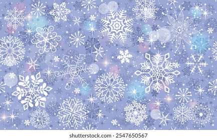 Vetor festivo suave padrão de Natal sem costura com flocos de neve de renda e estrelas. Bokeh