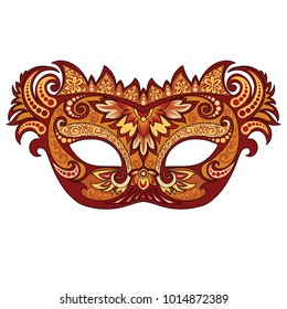 vector festive golden mask for Venetian carnival and festivals, colorful bright masked mask mask decorated with floral patterns on a white background for design