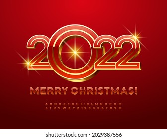 Vector festive Greeting Card Merry Christmas 2022! Red and Gold premium Font. 3D creative Alphabet Letters and Numbers set