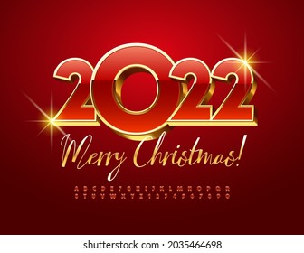 Vektor festliche Grußkarte Frohe Weihnachten 2022! Rote und goldene Schriftart. Premium Alphabet Letters and Numbers Set