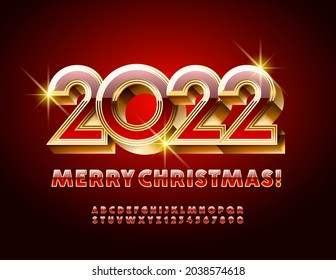 Vector festive Greeting Card Merry Christmas 2022! Red and Gold Alphabet Letters and Numbers set. Premium shiny Font