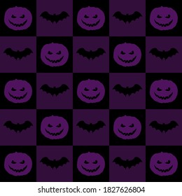 
Vector festive halloween background in dark colors with carved pumpkin and bat icons