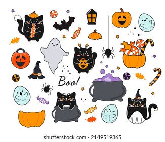 Vector festive Halloween collection with black cats, pumpkins, sweets and other festive elements. A set of objects for creating openings, prints, banners, posters, stickers