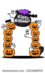 Vector Festive Halloween frame with pumpkins, ghosts, a cauldron, and a tombstone. Perfect for spooky celebrations and autumn decorations.