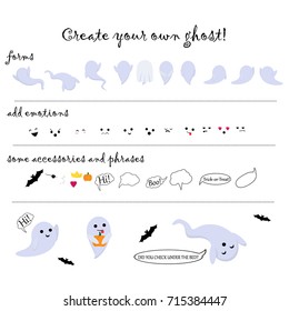 Vector festive Halloween set designer for creating a ghost, a huge set of parts, shapes, emotions, phrases for creating a ghost
