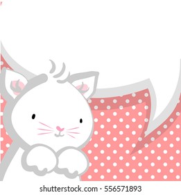 Vector festive hand drawn cat illustration for baby newborn holiday. Comic bubble, empty balloon. Pink halftone background. White cute little kitty pink nose for baby