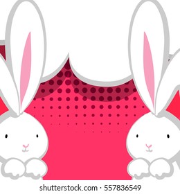 Vector festive hand drawn illustration. Two white cute rabbit with big ears pink nose, congratulates Easter, Birthday or other holiday. Comic bubble, empty balloon. Red halftone background