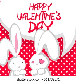 Vector festive hand drawn illustration. Comic bubble, empty balloon. Two fall in love white cute rabbit with big ears pink nose, congratulates Happy Valentines Day. Pink halftone background