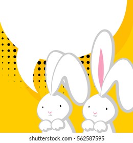 Vector festive hand drawn illustration. Comic bubble, empty balloon. Yellow halftone background. Two white cute rabbit with big ears pink nose, congratulates Easter, Birthday or other holiday