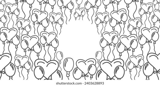 Vector. Festive horizontal banner with copy space for text. Hand-held balloons. Cute outline drawing. Backdrop for birthday parties, greeting cards, Valentine's Day and other promotional items.