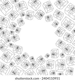 Vector. Festive horizontal banner with copy space for text. Hand drawn gift boxes. Fun outline drawing. Background for birthday parties, greeting cards and other typographic and advertising products.