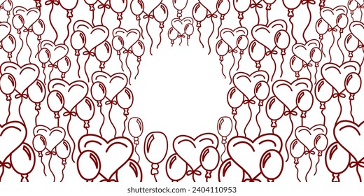 Vector. Festive horizontal banner with copy space for text. Hand-held balloons. Cute outline drawing. Backdrop for birthday parties, greeting cards, Valentine's Day and other promotional items.