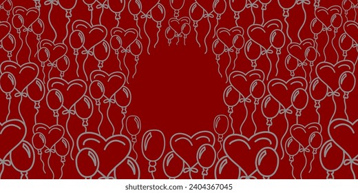 Vector. Festive horizontal banner with copy space for text. Hand-held balloons. Cute outline drawing. Backdrop for birthday parties, greeting cards, Valentine's Day and other promotional items.