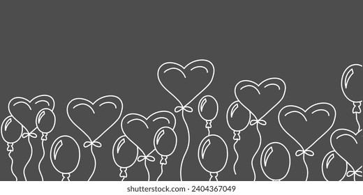 Vector. Festive horizontal banner with copy space for text. Hand drawn balloons. Cute outline drawing. Backdrop for birthday parties, greeting cards, Valentine's Day and other promotional items.