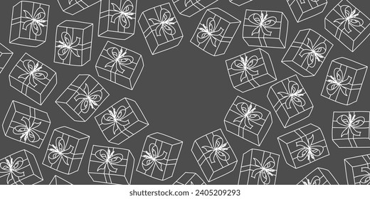 Vector. Festive horizontal banner with copy space for text. Hand drawn gift boxes. Fun outline drawing. Background for birthday parties, greeting cards and other typographic and advertising products.