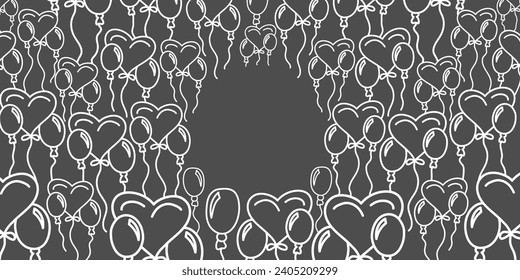 Vector. Banner horizontal festivo con espacio de copia para texto. Globos de mano. Dibujo de contorno corto. Fondo para fiestas de cumpleaños, tarjetas de felicitación, San Valentín y otros artículos promocionales.