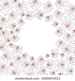 Vector. Festive horizontal banner with copy space for text. Hand drawn gift boxes. Fun outline drawing. Background for birthday parties, greeting cards and other typographic and advertising products.