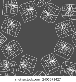 Vector. Festive horizontal banner with copy space for text. Hand drawn gift boxes. Fun outline drawing. Background for birthday parties, greeting cards and other typographic and advertising products.