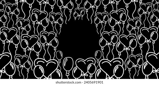 Vector. Festive horizontal banner with copy space for text. Hand-held balloons. Cute outline drawing. Backdrop for birthday parties, greeting cards, Valentine's Day and other promotional items.