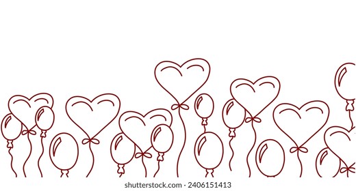 Vector. Festive horizontal banner with copy space for text. Hand drawn balloons. Cute outline drawing. Backdrop for birthday parties, greeting cards, Valentine's Day and other promotional items.