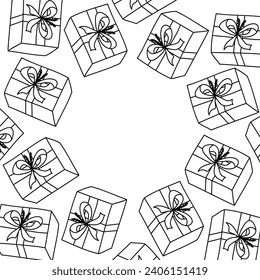 Vector. Banner horizontal festivo con espacio de copia para texto. Cajas de regalo dibujadas a mano. Dibujo de esquema divertido. Antecedentes para fiestas de cumpleaños, tarjetas de felicitación y otros productos tipográficos y publicitarios.