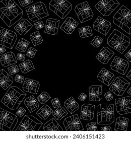 Vector. Festive horizontal banner with copy space for text. Hand drawn gift boxes. Fun outline drawing. Background for birthday parties, greeting cards and other typographic and advertising products.