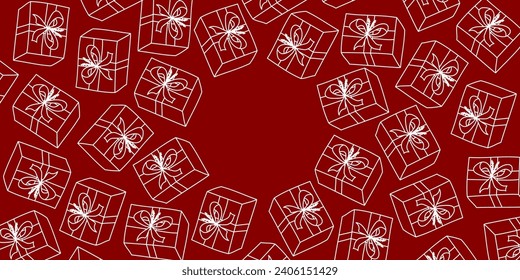 Vector. Banner horizontal festivo con espacio de copia para texto. Cajas de regalo dibujadas a mano. Dibujo de esquema divertido. Antecedentes para fiestas de cumpleaños, tarjetas de felicitación y otros productos tipográficos y publicitarios.