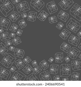 Vector. Festive horizontal banner with copy space for text. Hand drawn gift boxes. Fun outline drawing. Background for birthday parties, greeting cards and other typographic and advertising products.