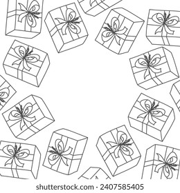 Vector. Festive horizontal banner with copy space for text. Hand drawn gift boxes. Fun outline drawing. Background for birthday parties, greeting cards and other typographic and advertising products.