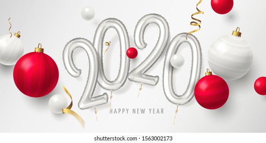 Vector festive horizontal banner with text Happy New Year and number 2020 shaped balloons, 3D realistic christmas toys and gold ribbons. Elegant holiday background with decoration for design of flyer.