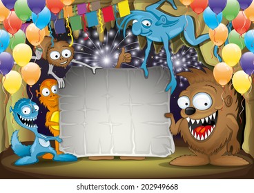 Vector festive illustration. Cartoon monsters.