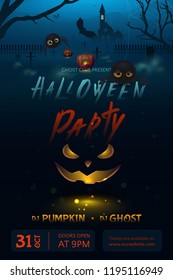 Vector festive illustration for design of poster for Halloween Party. Holiday cartoon night scene with spiders, cemetery, house, 3D realistic pumpkins and grinning face with fiery glow inside.