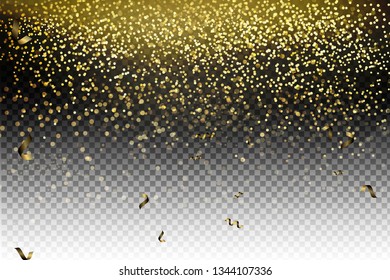 Vector festive illustration of falling shiny particles, Golden Confetti Glitters  isolated on transparent background. Vector gold glitter particles background effect for luxury greeting rich card