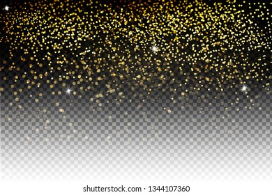 Vector festive illustration of falling shiny particles, Golden Confetti Glitters  isolated on transparent background. Vector gold glitter particles background effect for luxury greeting rich card