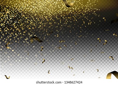 Vector festive illustration of falling shiny particles, Golden Confetti Glitters  isolated on transparent background. Vector gold glitter particles background effect for luxury greeting rich card