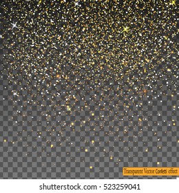 Vector festive illustration of falling shiny particles, Golden Confetti Glitters, stars isolated on transparent background. Holiday Decorative tinsel element for Design. 