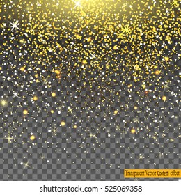 Vector festive illustration of falling shiny particles, gold Confetti Glitters, stars isolated on transparent background. Holiday Decorative tinsel element for Design. 