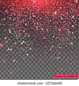 Vector festive illustration of falling shiny particles, red Confetti Glitters, stars isolated on transparent background. Holiday Decorative tinsel element for Design. 