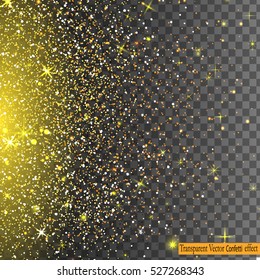 Vector festive illustration of falling shiny particles, gold Confetti Glitters, stars isolated on transparent background. Holiday Decorative tinsel element for Design. 