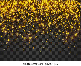 Vector festive illustration of falling shiny particles and stars isolated on transparent background. Golden Confetti Glitters. Sparkling texture. Holiday Decorative tinsel element for Design.