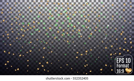 Vector festive illustration of falling shiny particles and hearts isolated on transparent background. Confetti Glitters. Sparkling texture. Holiday Decorative tinsel element for Design. Format 16:9