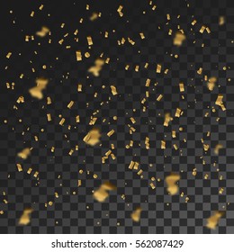 Vector festive illustration of falling shiny elements isolated on transparent background. Golden Confetti Glitters. Decorative tinsel