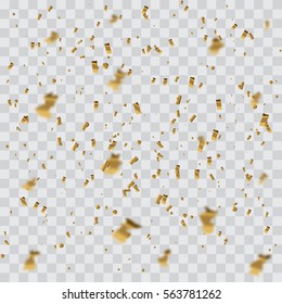 Vector festive illustration of falling shiny elements isolated on transparent background. Golden Confetti Glitters. Decorative tinsel
