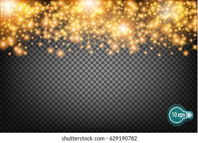 Vector Festive illustration of falling shiny particles and stars, isolated on a transparent background. Golden shiny confetti. Sparkling texture. Festive decorative tinsel for design.