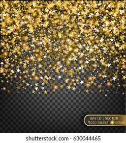 Vector Festive illustration of falling shiny particles and stars, isolated on a transparent background. Golden shiny confetti. Sparkling texture. Festive decorative tinsel for design.