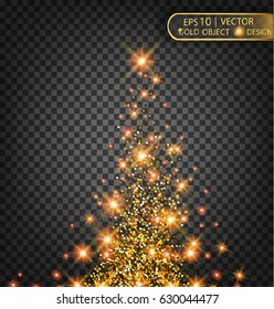 Vector Festive illustration of falling shiny particles and stars, isolated on a transparent background. Golden shiny confetti. Sparkling texture. Festive decorative tinsel for design.