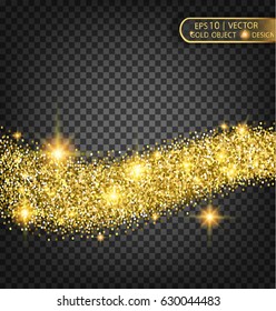 Vector Festive illustration of falling shiny particles and stars, isolated on a transparent background. Golden shiny confetti. Sparkling texture. Festive decorative tinsel for design.