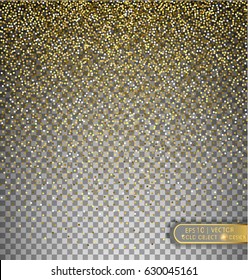 Vector festive illustration of falling shiny particles and stars isolated on transparent background. Golden Confetti Glitters. Sparkling texture. Holiday Decorative tinsel element for Design.