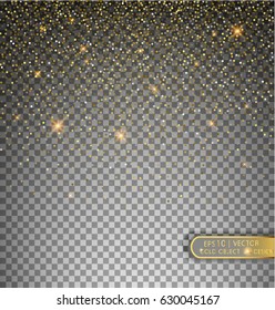 Vector festive illustration of falling shiny particles and stars isolated on transparent background. Golden Confetti Glitters. Sparkling texture. Holiday Decorative tinsel element for Design.