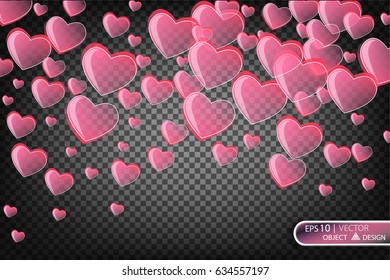 Vector Festive illustration of falling shiny red hearts isolated on a transparent background. Confetti for love messages, picture design for Valentines day. Festive decorative tinsel for design.